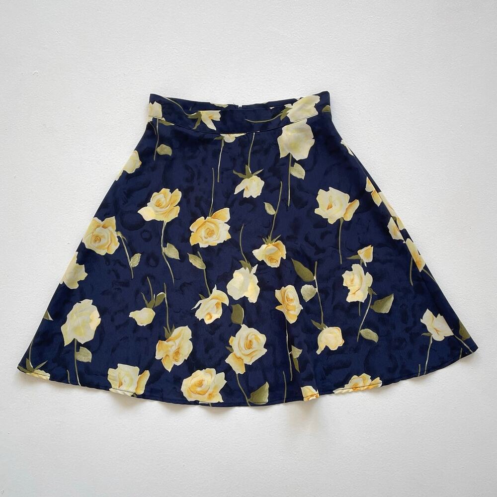 Vtg 90s Yellow Navy Rose High Rise Circle Mini Skirt / Sz 5/6 Grunge Indie Twee
